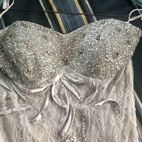 Silver Prom Dress w/ crystal detailing size 0-2 - Picture 5 of 8